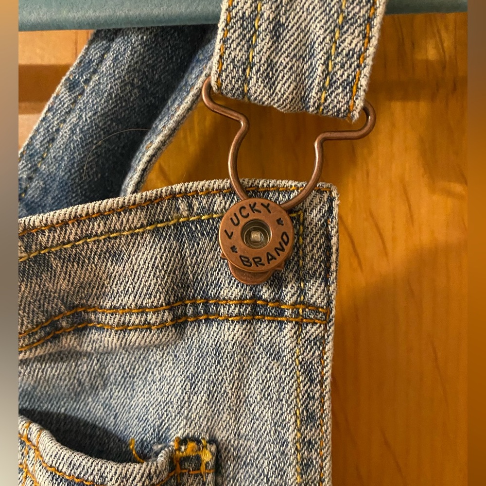 LUCKY BRAND Denim Overalls Washed Ripped Bib Crop Distressed Raw Edge Jeans 12 - Picture 11 of 13